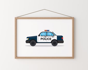 May include: A framed illustration of a white and blue police car with a red and blue light on top. The car has the word "POLICE" printed on the side.