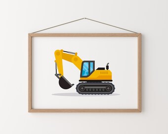 May include: A yellow excavator with a black bucket and blue window is framed in a light wood frame.