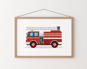 May include: A red fire truck with a ladder, a white cab, and black wheels. The truck has a white and red striped water tank and a black smoke stack.