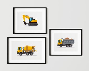 May include: Three framed illustrations of construction vehicles. The first illustration shows a yellow excavator with a black bucket. The second illustration shows a yellow cement mixer truck. The third illustration shows a yellow dump truck with a gray bed filled with dirt.
