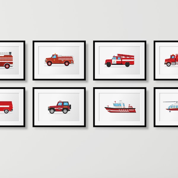 Set Of 8 Fire truck Prints, Emergency Vehicle Print, Emergency helicopter Wall Art, Boys Room Decor, Kids Poster, Transport Wall Decor