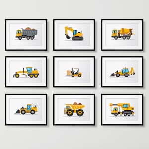 Set Of 9 Construction Vehicle Prints, Excavator, Cement Mixer, Dump Truck, Kids Poster, Boy Room Decor, Transport Wall Decor, Car Wall Art