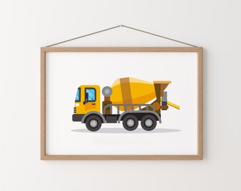May include: A yellow cement mixer truck with a gray drum and black wheels. The truck is on a white background.