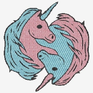 Op de afbeelding: Een roze en blauw eenhoorn yin yang ontwerp. De eenhoorns kijken elkaar aan met hun hoorns in elkaar gevlochten.