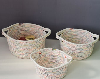 Sea Team 3-Pack Cotton Rope Baskets Sewing Kits Shelf Basket Oval, Grey Shallow Open Container Fabric Tray Organizer for Fruits Small Woven Storage Basket Bowl Keys Jewelry 