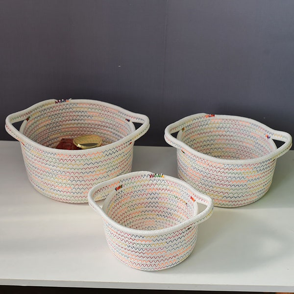 Small Cotton Woven Rope Basket - Decorative Baskets for Toys, Towels, Keys at Nursery, Entryway, Living Room