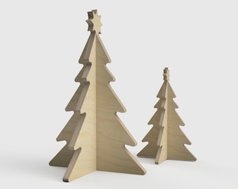 May include: Two wooden Christmas trees, one larger than the other, with a star on top. The trees are made of plywood and have a natural wood finish.