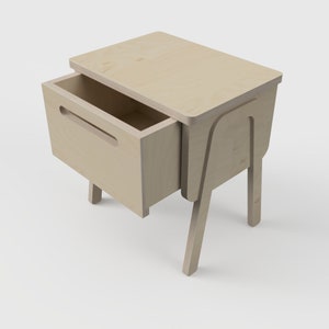 May include: A light wood bedside table with a single drawer that is open. The table has four legs that are shaped like a stylized animal foot.