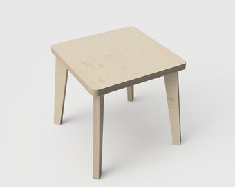 May include: A light wood square table with four legs. The table is made of plywood and has a natural wood finish.