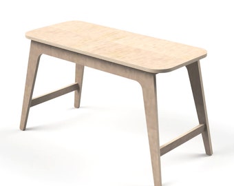 May include: A light wood bench with a simple design and angled legs. The bench is made of plywood and has a natural wood finish.