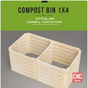 Pode incluir: Um contentor de compostagem de madeira com dois compartimentos, feito de madeira de 1x4 polegadas. O contentor é montado em um pacote plano e está pronto para montagem. O contentor é etiquetado como "CNC Flat Pack".