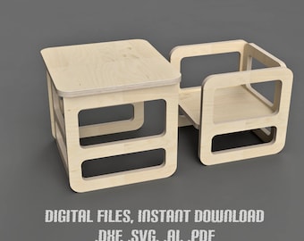 May include: A wooden table and chair set for children. The table and chair are made of light wood and have a simple, modern design. The table has a square top and the chair has a rectangular seat. The set is perfect for a child's playroom or bedroom.