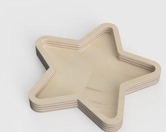 May include: A wooden star-shaped tray with a layered design. The tray is made of light wood and has a natural finish.