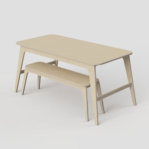 May include: A light wood dining table and bench set. The table has a rectangular top and four legs. The bench has a rectangular seat and four legs.