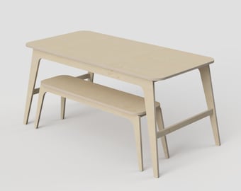 May include: A light wood dining table and bench set. The table has a rectangular top and four legs. The bench has a rectangular seat and four legs.