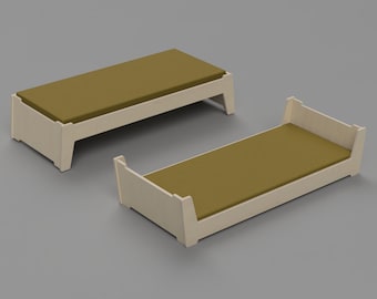 May include: Two wooden bed frames with a light brown mattress. The bed frames are made of light wood and have a simple design.