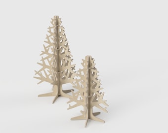 May include: Two wooden decorative trees with a natural wood finish. The trees have a detailed branch design and are assembled from interlocking pieces. One tree is taller than the other.