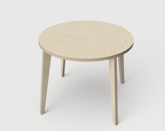 May include: A round, light wood table with four legs. The table top is made of plywood and has a natural wood grain.