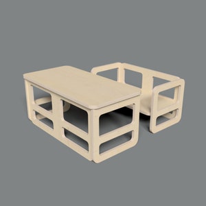 May include: A wooden table and chair set for children, made of light wood with a natural finish. The table has a rectangular top and open sides, while the chair has a simple design with a back and four legs.