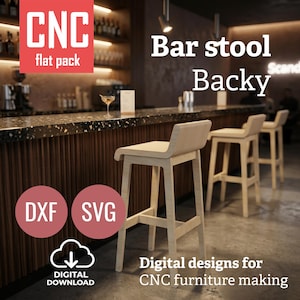 May include: A light-colored wooden bar stool with a backrest, part of a set. The image includes the text "Bar stool Backy" and "Digital designs for CNC furniture making." The stool is in a bar setting, with a countertop and bottles in the background. The image also includes the text "CNC flat pack".