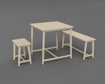 May include: A set of wooden furniture including a square table and two benches. The table and benches are made of light wood and have a simple design.