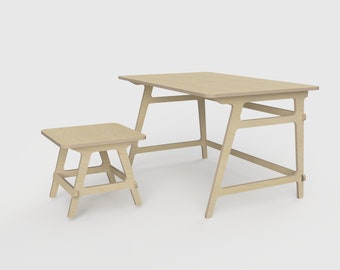May include: A light wood desk with a simple design and a matching stool. The desk has a rectangular top and a frame with angled legs. The stool has a square top and a similar frame with angled legs.