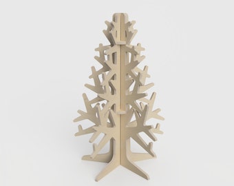 May include: A wooden Christmas tree made of plywood with a natural finish. The tree is assembled with interlocking pieces and has a star-shaped top.