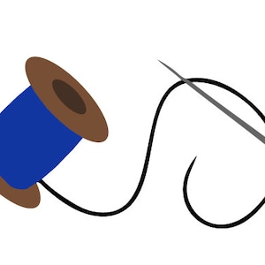 May include: A spool of blue thread with a brown wooden bobbin and a needle threaded with gray thread.