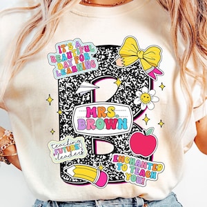 Personalized  Teacher Composition Book Shirt, Custom Teacher Name Shirt, 100 Days Of School Shirt, Coquette Pencil Bow Teacher Shirt