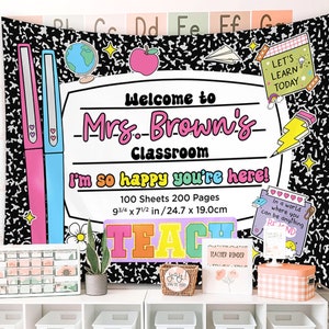 Tapiz para aula con cuaderno de composición personalizado, regreso a clases, decoración moderna para el aula, regalos para nuevos profesores, pancarta con nombre para el profesor