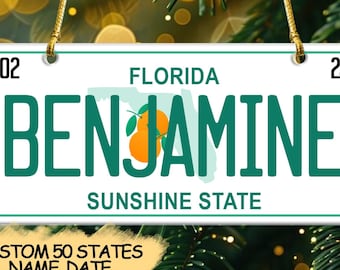 May include: A white license plate-shaped ornament with the name "BENJAMINE" in green letters. The word "FLORIDA" and "SUNSHINE STATE" are also in green. An orange and green graphic of an orange is in the center. The text "CUSTOM 50 STATES NAME, DATE" is at the bottom.
