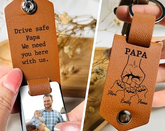 Personalized Photo Album Leather Keychain for Dad, Drive Safe Daddy Keyring, Trucker Dad Gifts, 1st Father's Day Gift, Fist Bump Dad Keyring