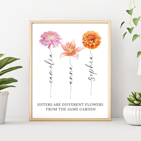 Sister Gifts From Sister, Sister Birthday Gifts, Sister Flower Art Print, Custom Birth Month Flowers, Floral Wall Art, Birthday Gift for Her
