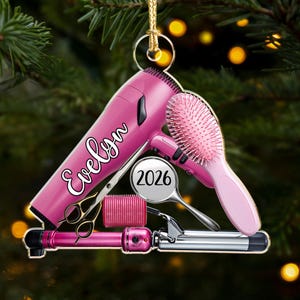 Adorno de peluquería, adorno personalizado para salón de belleza, adorno navideño para estilista, regalo navideño para peluquero, adorno plano 2D para salón de belleza imagen 17