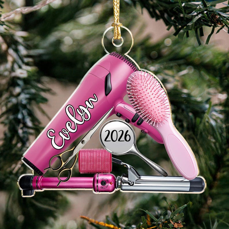 Adorno de peluquería, adorno personalizado para salón de belleza, adorno navideño para estilista, regalo navideño para peluquero, adorno plano 2D para salón de belleza imagen 18