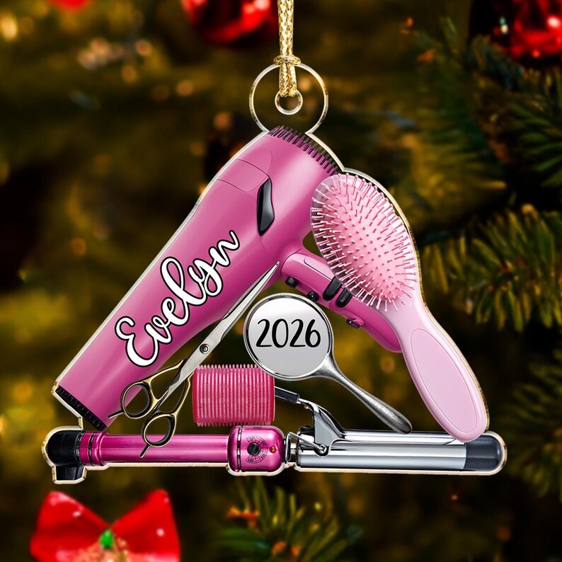 Adorno de peluquería, adorno personalizado para salón de belleza, adorno navideño para estilista, regalo navideño para peluquero, adorno plano 2D para salón de belleza imagen 19