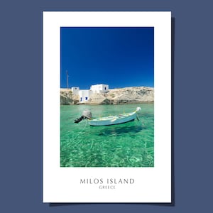 Milos Griechenland Poster Postkarte Griechisch Boot Ägäis Mittelmeer Kykladeninsel Weißes Haus Abstrakte Kunst Giclée Druck Geschenk Rolled UNGERAHMT