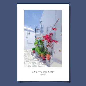 Poster cartolina isola di Paros Grecia strada greca Mediterraneo fiore rosa Mar Egeo bianco blu città arte stampa giclée regalo arrotolato senza cornice