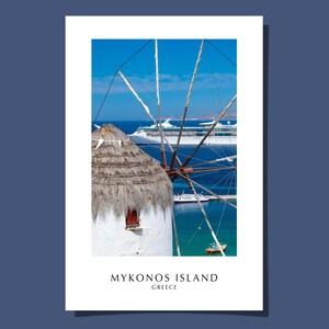 Mykonos Windmill Grecia Poster Cartolina Greca Mediterraneo Cicladi Mar Egeo Isola Bianco Blu Città Arte Stampa Giclée Regalo Arrotolato SENZA CORNICE