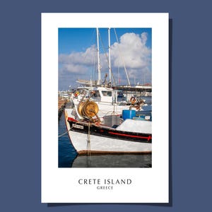 Insel Crete Griechenland Poster Postkarte Heraklion Griechisch Hafen Mittelmeer Weiß Blau Ägäis Boot Kunst Giclée Druck Geschenk Rolled UNGERAHMT