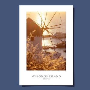 Tramonto Mykonos Grecia Poster Cartolina Mulino a vento Greco Mediterraneo Cicladi Mar Egeo Isola Alba Arte Stampa Giclée Regalo Arrotolato SENZA CORNICE