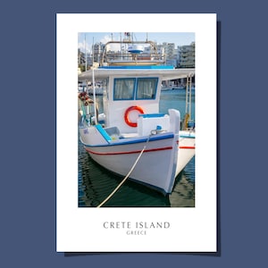 Poster cartolina isola di Creta Grecia Heraklion porto greco Mediterraneo bianco blu Mar Egeo barca arte stampa giclée regalo arrotolato senza cornice