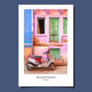 Buntes indisches Street Poster/Postkarte Farben von Jodhpur City Rajasthan Indien Roller Fahrrad Motorrad Kunst Giclée Druck Geschenk gerollt ungerahmt