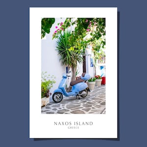 Poster cartolina isola di Naxos Grecia Scooter Bici Strade greche Mediterraneo Fiore rosa Mar Egeo Arte Stampa giclée Regalo Arrotolato SENZA CORNICE
