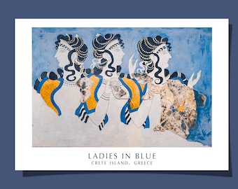 Poster di affresco di donne minoiche, cartolina, donne in blu, palazzo di Cnosso, Grecia antica, dipinto murale, Creta, arte, stampa giclée, regalo, arrotolato, senza cornice