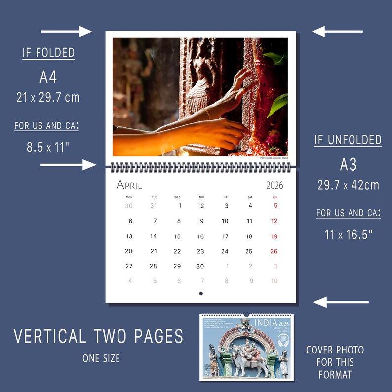 India 2026 Calendar Hindu Temples Gods City Streets Table Book Wall A4 A3 Vertical Horizontal Monthly Organiser Fine Art Print Travel Decor