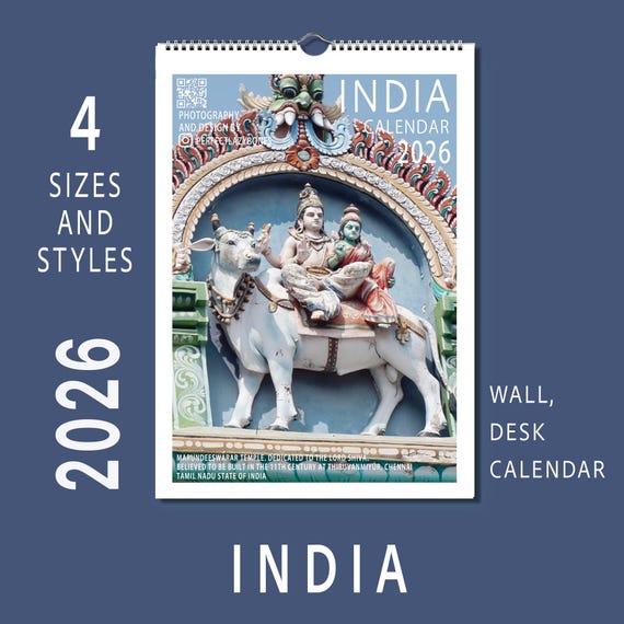 India 2026 Calendar Hindu Temples Gods City Streets Table Book Wall A4 A3 Vertical Horizontal Monthly Organiser Fine Art Print Travel Decor