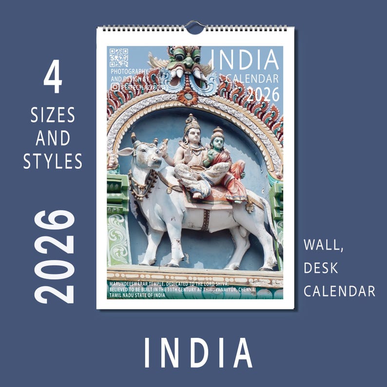 India 2026 Calendar Hindu Temples Gods City Streets Table Book Wall A4 A3 Vertical Horizontal Monthly Organiser Fine Art Print Travel Decor