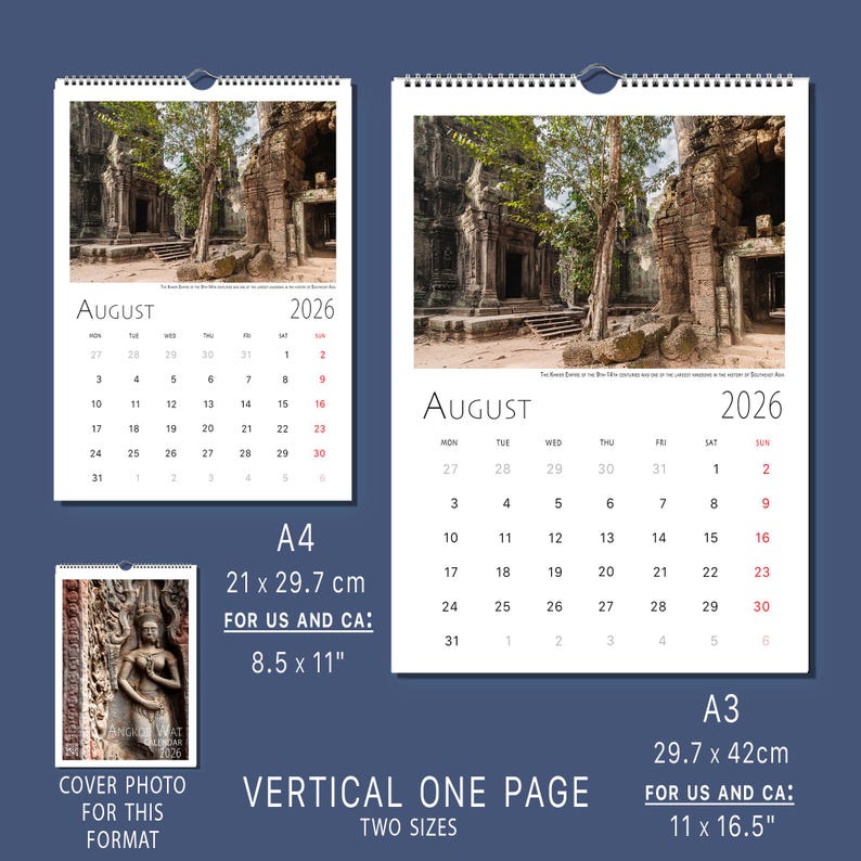 Angkor Wat 2026 Photo Calendar Temple Khmer Cambodia Table Book Wall Vertical Horizontal Monthly Organiser Fine Art Print Travel Decor