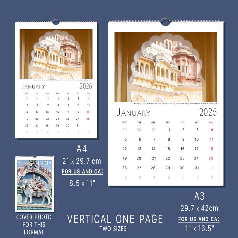 India 2026 Calendar Hindu Temples Gods City Streets Table Book Wall A4 A3 Vertical Horizontal Monthly Organiser Fine Art Print Travel Decor